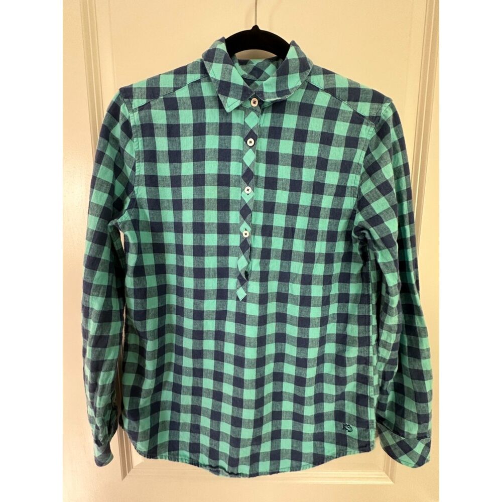Southern Tide Plaid Teal Blue Quarter Button Up Collared Longsleeve Womens Sz XS